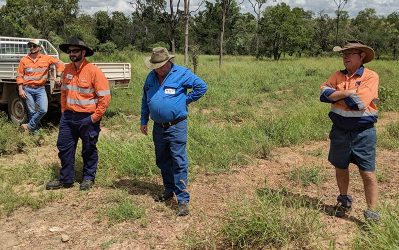 Pictured, from left, are NQ Dry Tropics Landscape Remediation Officer Matt Miles, Dan Waite Aurizon, grazier Mick Boyce and Emohruo Station Stan Fordham.