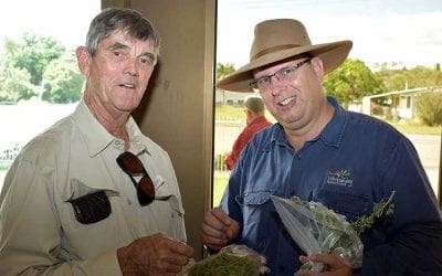 Harry Shann, Myall Springs, Burdekin, and James Gubby of Whitsunday Regional Council chat about weed identification and appropriate control measures.