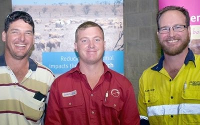 Exevale Station grazier Buster O'Loughlin (left), Tapiolas Weed Control Damian Tapiolas (centre) and Glencore Environmental Officer Adam Heap