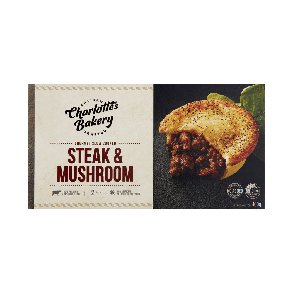 Charlotte'S Bakery Slow Cooked Steak & Mushroom Pies 2 Pack | 400g
