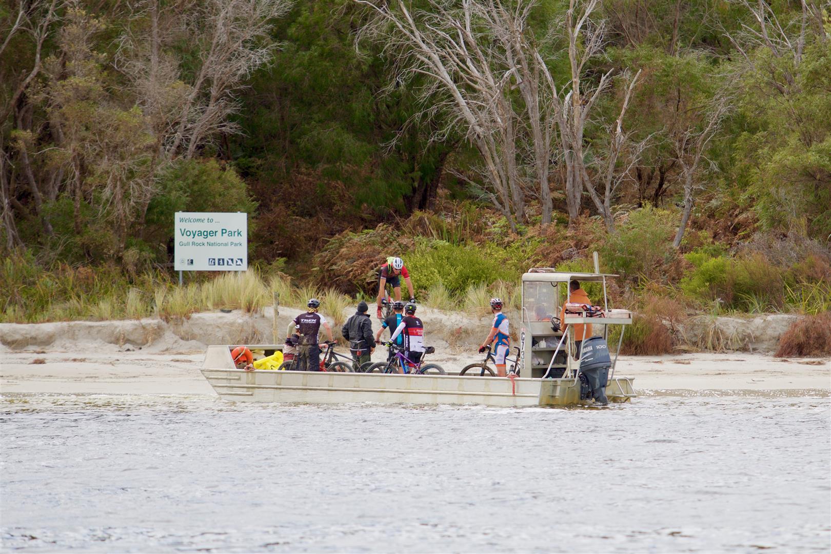 The 50km riders were ferried over the river in an untimed section.