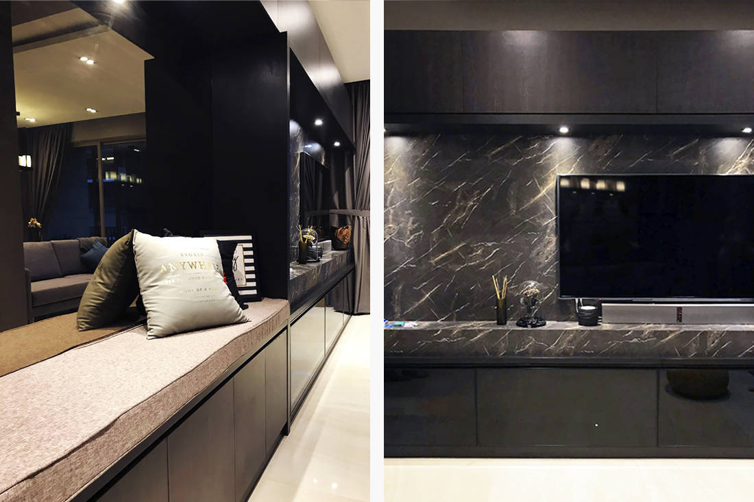 Black marble laminates set the mood in this 3-bedder unit