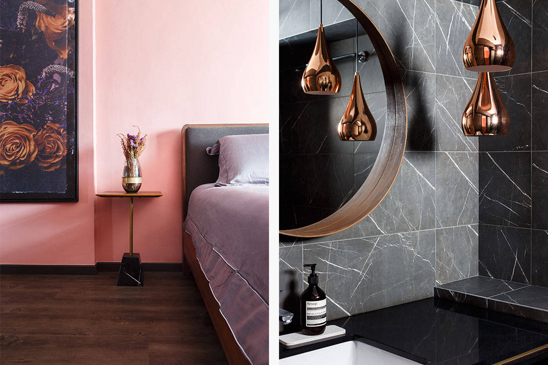 An HDB flat with pink walls and terrazzo