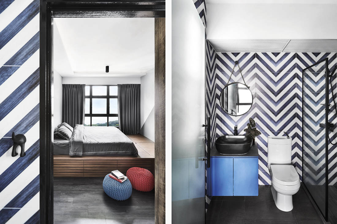 bold colours and patterns in HDB flat bedroom and bathroom by IN-EXPAT