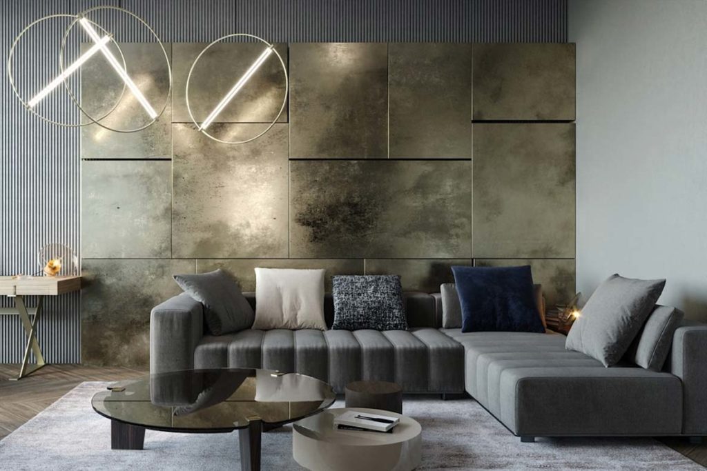 luxury modern large living room with metal steel gold feature wall industrial chic