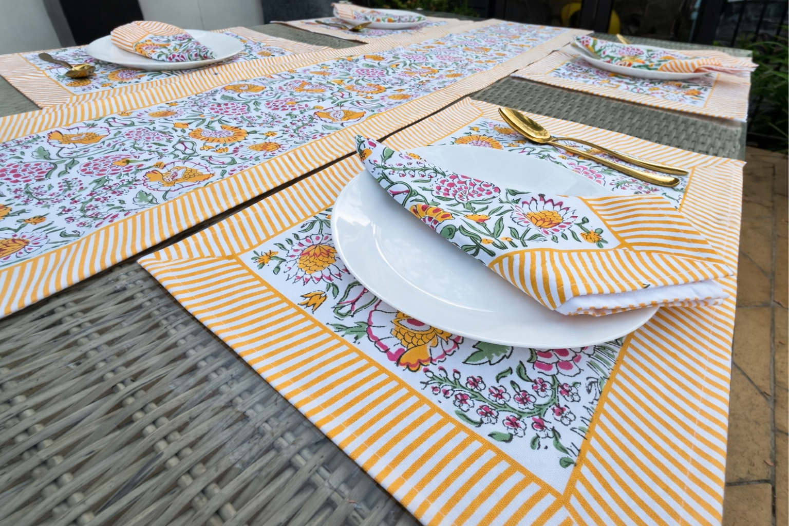 Garden Party alfresco-inspired place setting from an angled view