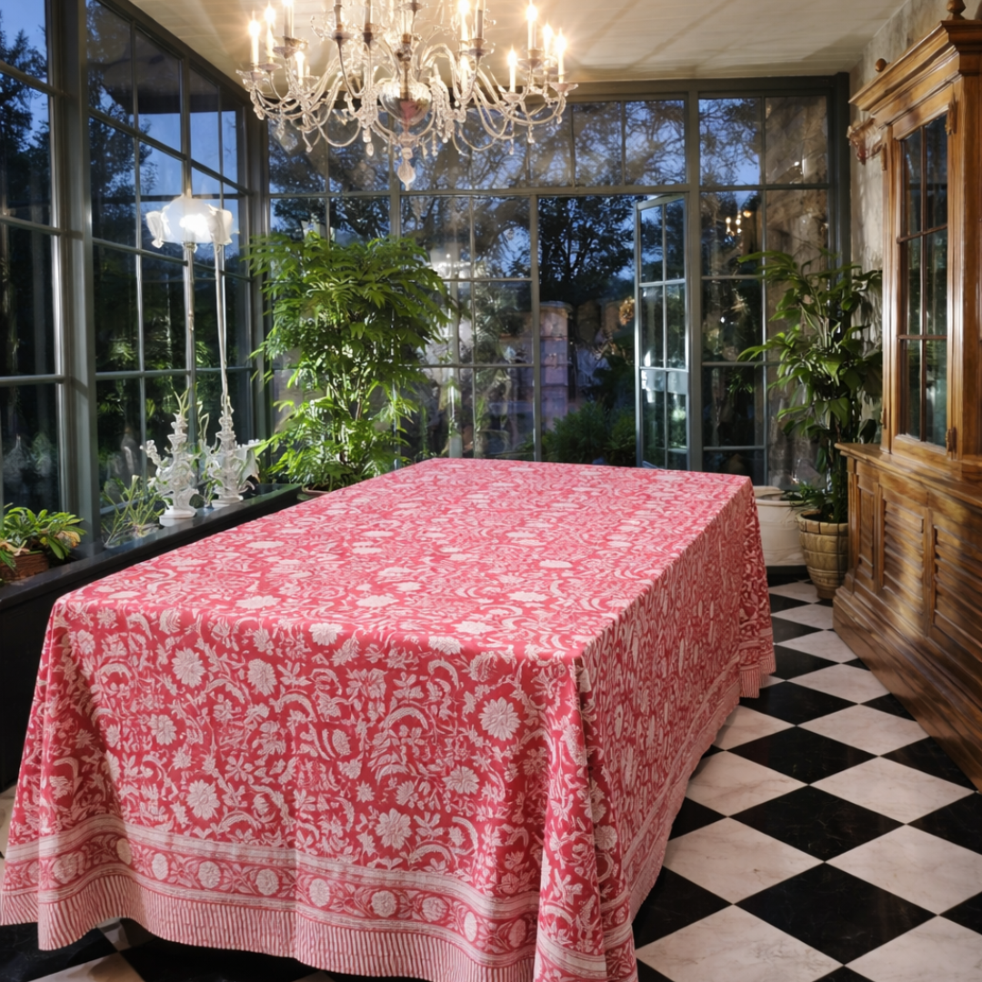Crimson Courtyard Table Cloth with floral motifs