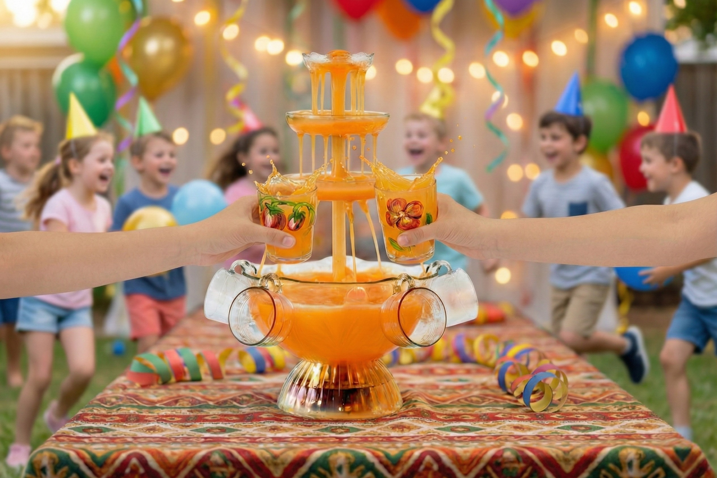 Kids birthday party with colorful fountain drinks