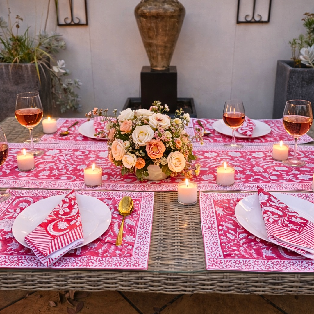 Crimson Courtyard Collection table setting with wine and roses