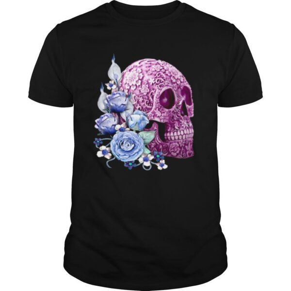 TshirtStation Cool Pink Floral Blue Flowers Skull Shirt