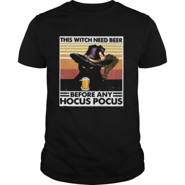 TshirtStation Black Cat This Witch Need Beer Before Any Hocus Pocus Vintage Retro Shirt