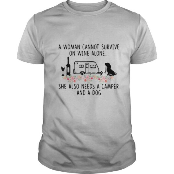 TshirtStation A Woman Cannot Survive On Wine Alone She Also Needs A Camper And A Dog Flowers Shirt