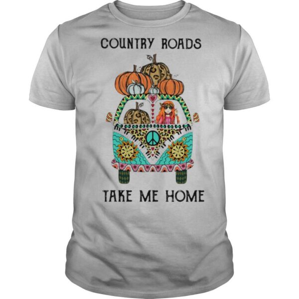 TshirtStation Country Roads Take Me Home Hippie Peace Car Girl And Pumpkins Shirt