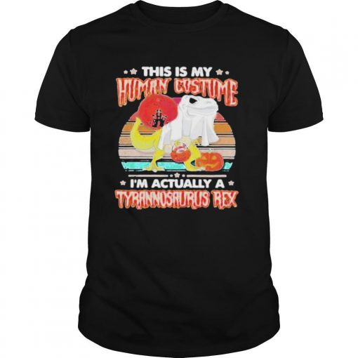 TshirtStation Dinosaur Ghost This Is Human Costume Im Actually A Tyrannosaurus Rex Sunset Vintage Retro Halloween Shirt X
