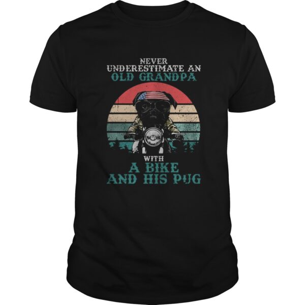 Never Underestimate An Old Grandpa With A Bike And His Pug American Flag Vintage Retro Unisex