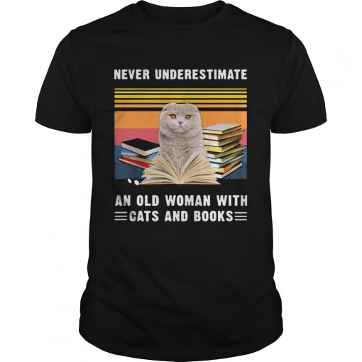 Never Underestimate An Old Woman With Cats And Books Scottish Fold Cat Vintage Retro Unisex 510x510 1