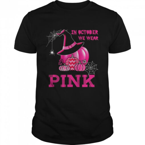 Halloween Breast Cancer Witch Pumpkin In October We Wear Pink Classic Mens T Shirt 1