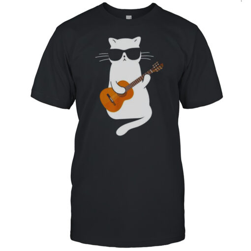 Cute Cool Glasses White Cat Playing Guitar T Shirt Mens T Shirt30