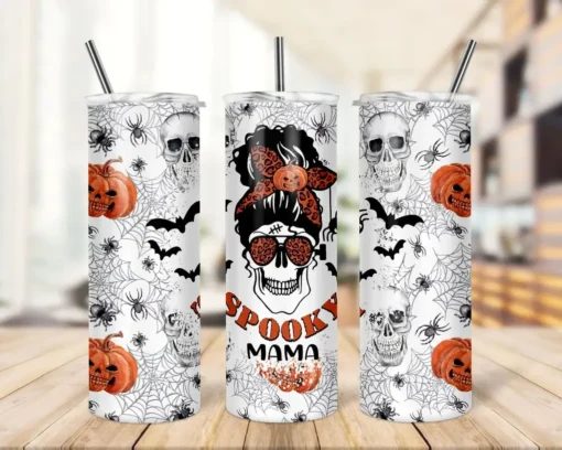 Halloween Spooky Mama Messy Bun Skull 20oz Skinny Tumbler