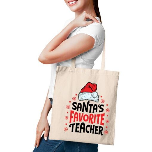 Santa's Favorite Teacher Christmas Women Men Santa Hat Tote Bag
