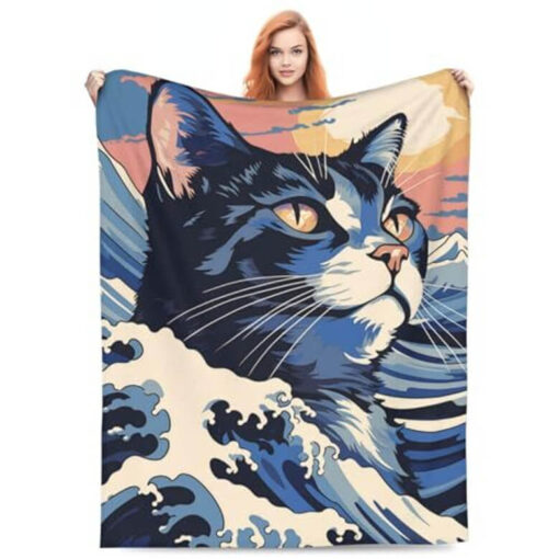 Soft Fuzzy Japanese Wave Cat Velveteen Plush Blanket
