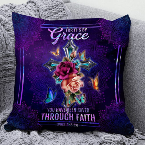 Bible Verse Pillow - Scripture Pillow - God Pillow - You Have Been Saved Through Faith - Stunning Floral Cross Throw Pillow