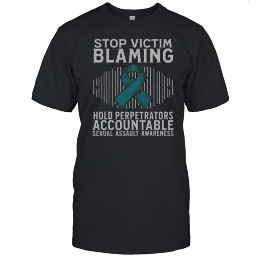 Top Stop Victim Blaming Support Sexual Assault Awareness Teal Ribbon T-Shirt