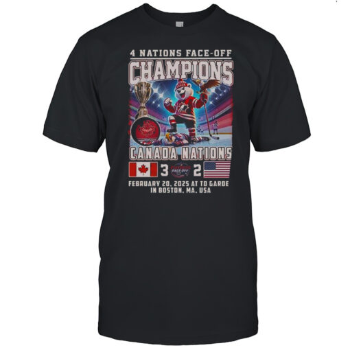 Canada Trample USA 4 Nations Face Off Champions 2025 3 2 February 20 2025 At To Garden In Boston Ma USA Mascot Hockey T-shirt