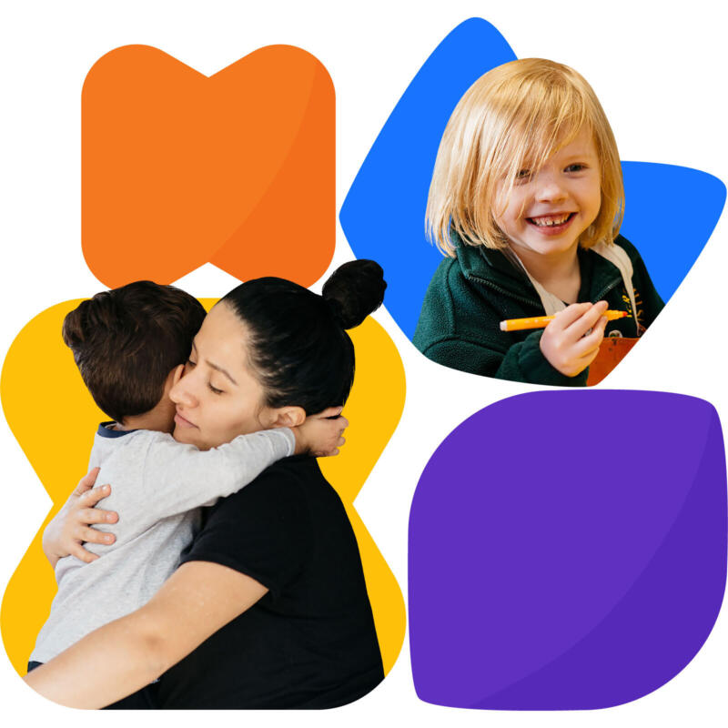 Graphic with four coloured shapes includes a Mother and child hugging, and a school child holding a pencil