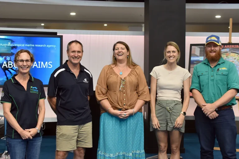 Pictured, from left, are: Jane Waterhouse TropWATER, Angus Thompson AIMS-MMP, Belinda Thomson NRM Regions Queensland, Emma Henry JCU, and Michael Hobbs NQ Dry Tropics.