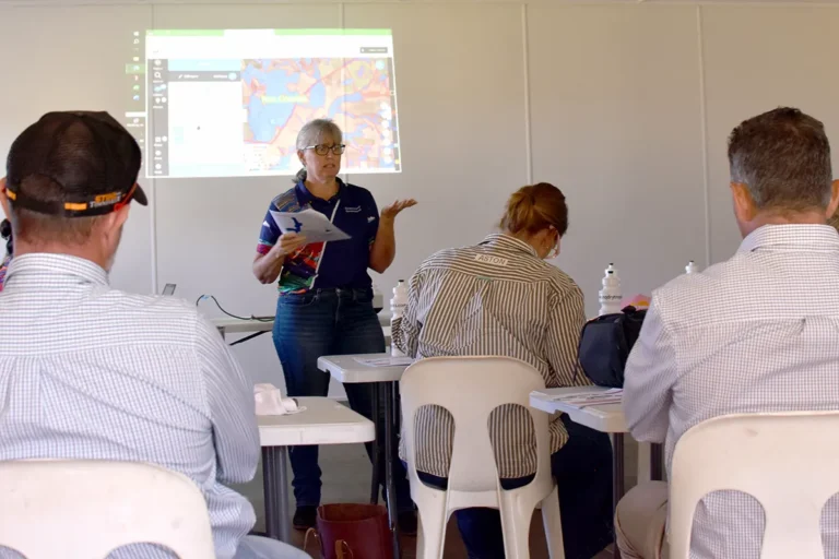 Department of Natural Resources and Mines, Manufacturing, Regional and Rural Development representative Juanita Joy presenting to landholders at Kilcummin Hall.
