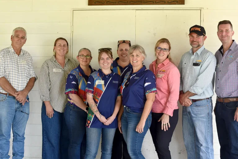 Pictured, from left, are: Graziers Garry Reed and Alice Marks; Department of Natural Resources and Mines, Manufacturing, Regional and Rural Development staff Michelle Ryan, Jess Fisher, Mel Elwood and Juanita Joy; NQ Dry Tropics field officers Jaymie Rains and Chris Poole; and Matt Brown from Brown Cattle & Country Consultants