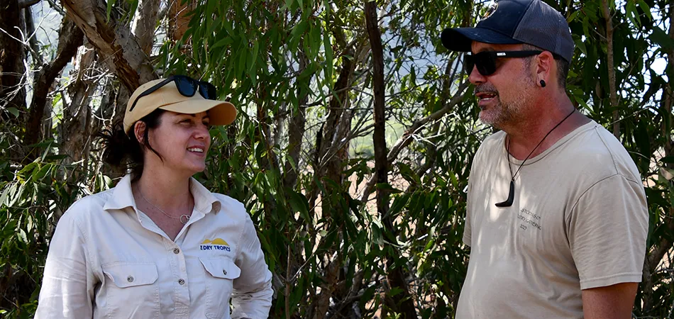 Sarah Willis with Victor Steffensen during the workshop where indigenous ranges learnt to read Country.