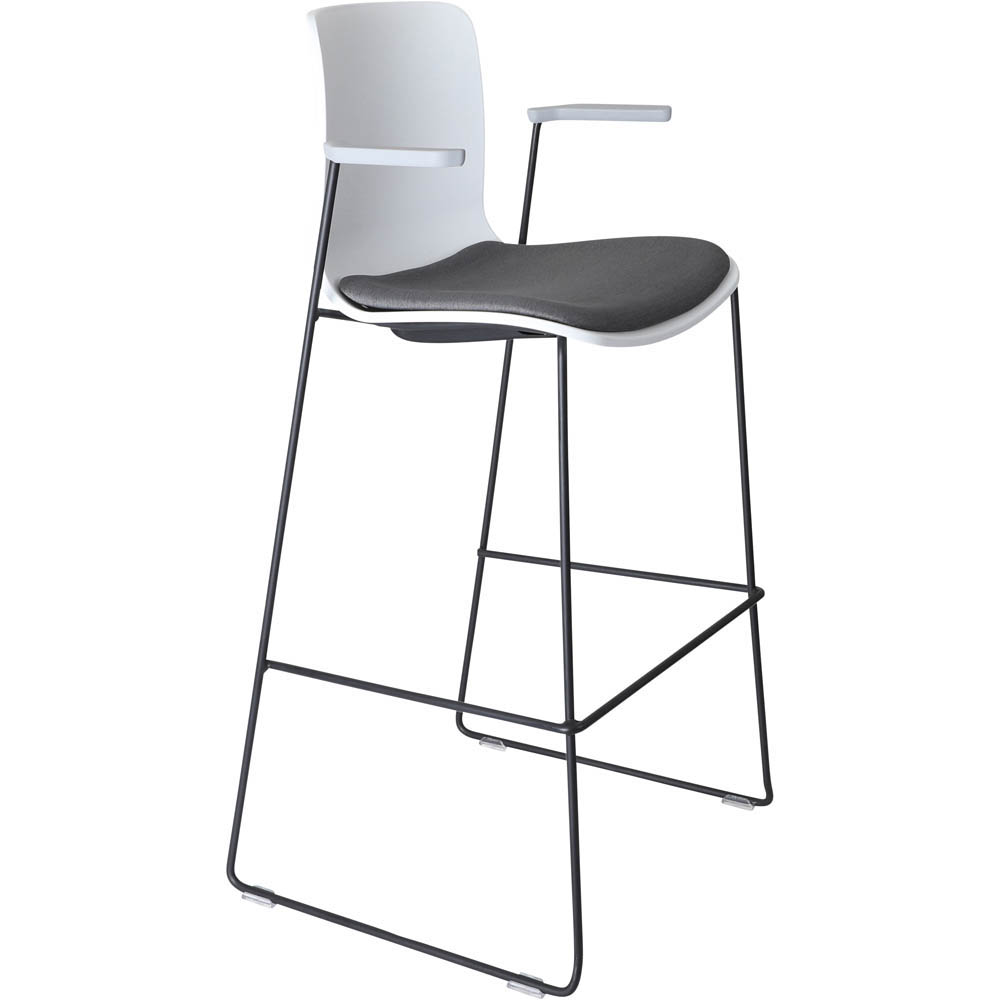 DAL ACTI BAR STOOL SLED BASE HIGH 760MM ARMS LIGHT GREY ARM-PADS AND BLACK POWDERCOAT FRAME WHITE POLYPROP SHELL