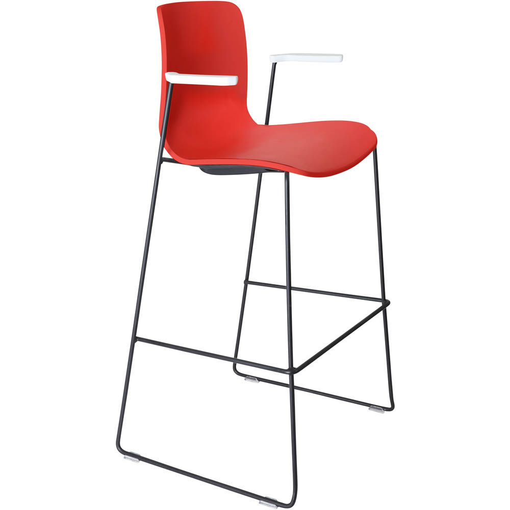 DAL ACTI BAR STOOL SLED BASE HIGH 760MM ARMS WHITE ARM-PADS AND BLACK POWDERCOAT FRAME RED POLYPROP SHELL