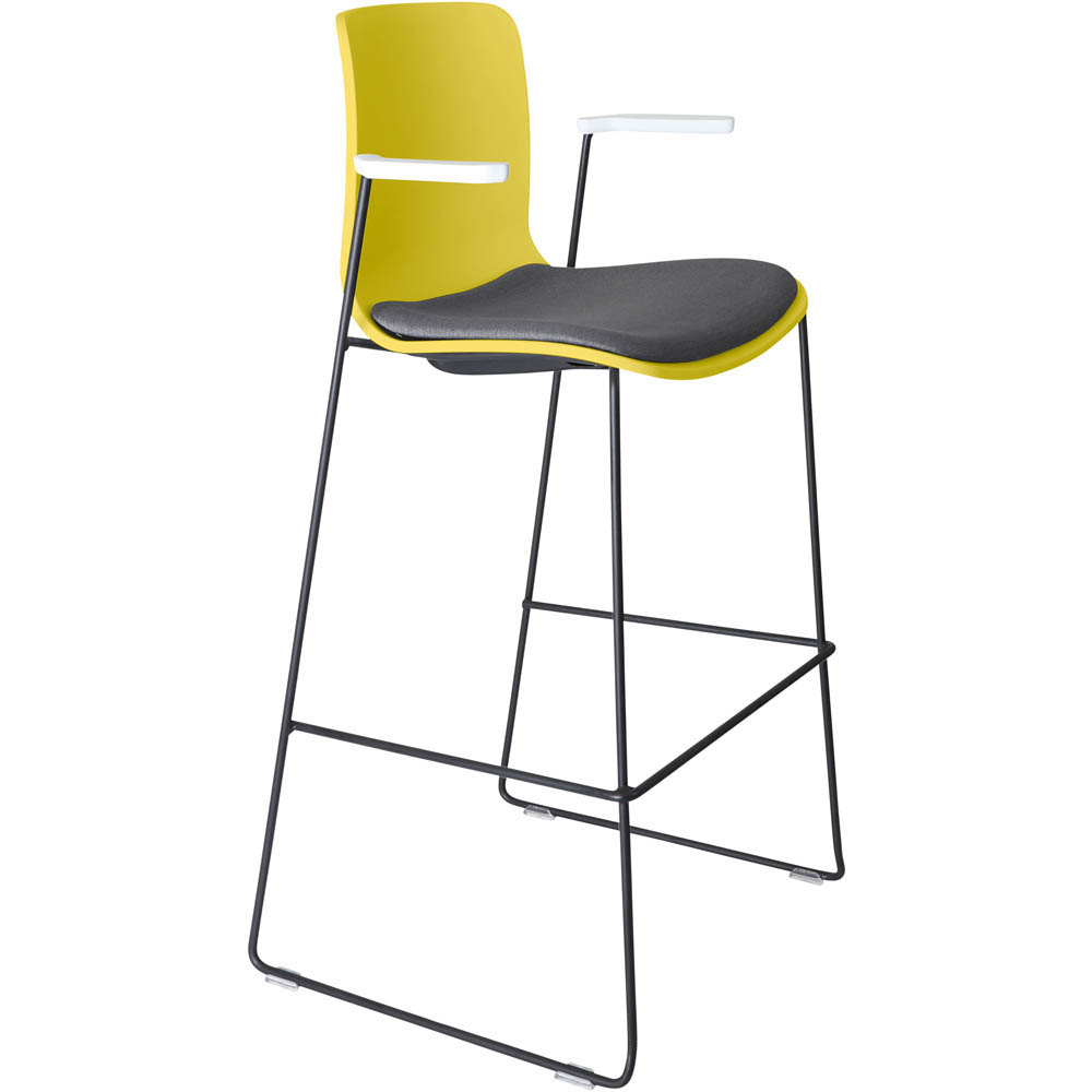 DAL ACTI BAR STOOL SLED BASE HIGH 760MM ARMS WHITE ARM-PADS AND BLACK POWDERCOAT FRAME YELLOW POLYPROP SHELL