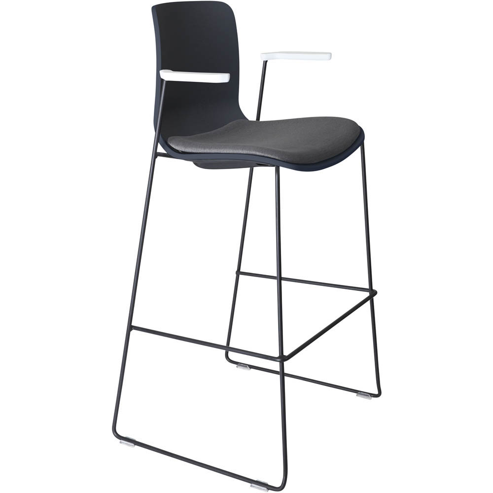 DAL ACTI BAR STOOL SLED BASE HIGH 760MM ARMS WHITE ARM-PADS AND BLACK POWDERCOAT FRAME CHARCOAL POLYPROP SHELL