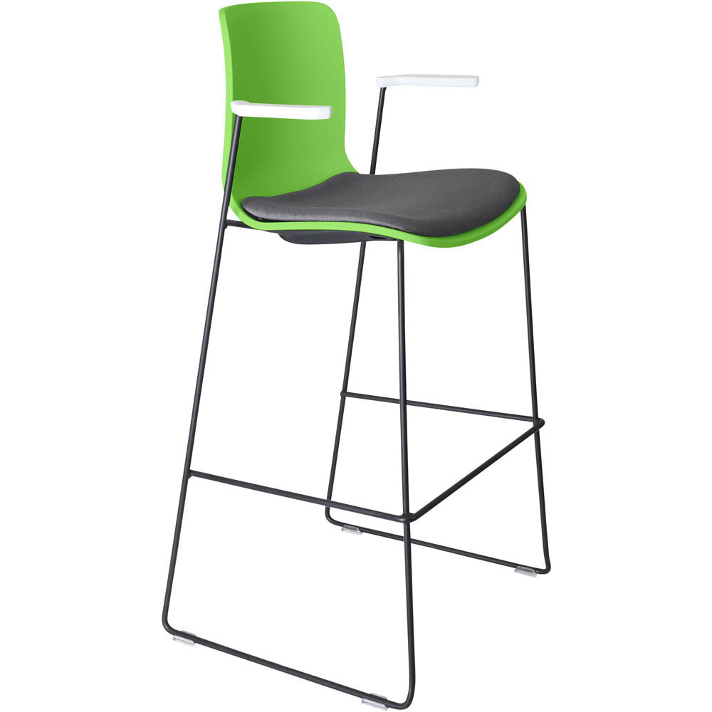 DAL ACTI BAR STOOL SLED BASE HIGH 760MM ARMS WHITE ARM-PADS AND BLACK POWDERCOAT FRAME GREEN POLYPROP SHELL