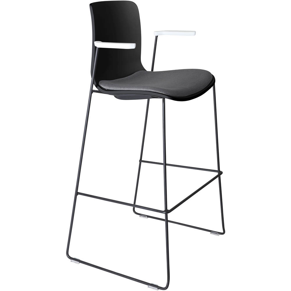 DAL ACTI BAR STOOL SLED BASE HIGH 760MM ARMS WHITE ARM-PADS AND BLACK POWDERCOAT FRAME BLACK POLYPROP SHELL