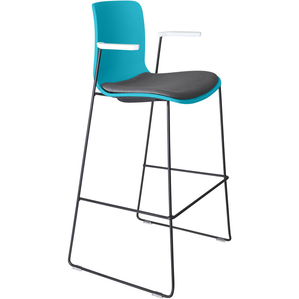 DAL ACTI BAR STOOL SLED BASE HIGH 760MM ARMS WHITE ARM-PADS AND BLACK POWDERCOAT FRAME TEAL POLYPROP SHELL