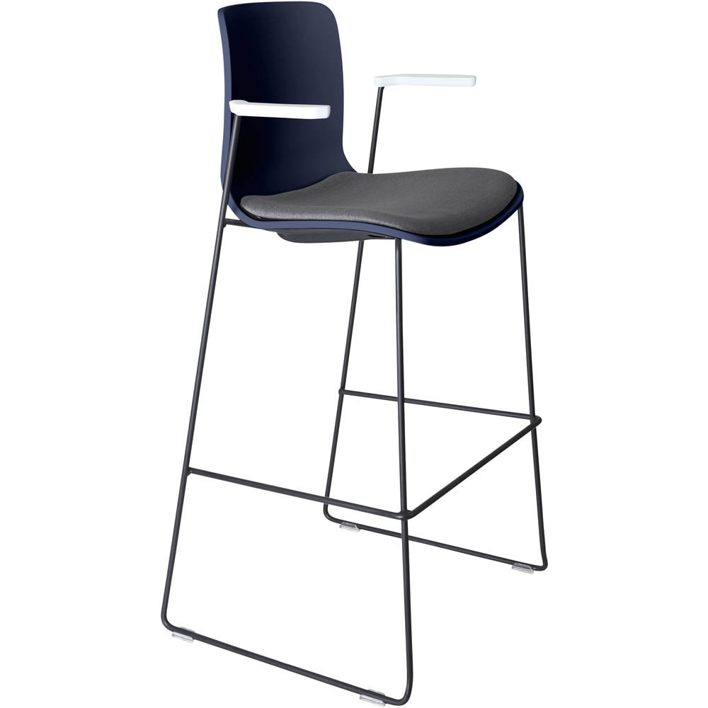 DAL ACTI BAR STOOL SLED BASE HIGH 760MM ARMS WHITE ARM-PADS AND BLACK POWDERCOAT FRAME NAVY BLUE POLYPROP SHELL