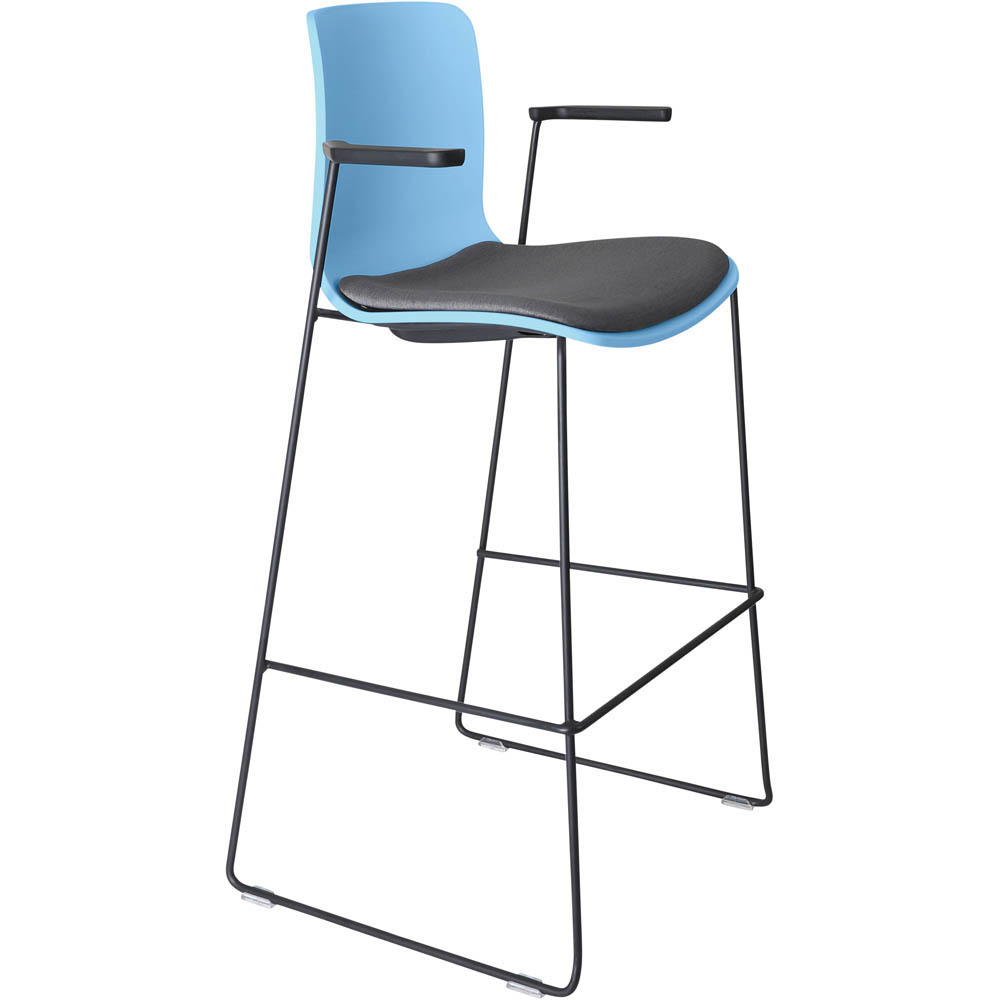 DAL ACTI BAR STOOL SLED BASE HIGH 760MM ARMS BLACK ARM-PADS AND BLACK POWDERCOAT FRAME PALE BLUE POLYPROP SHELL