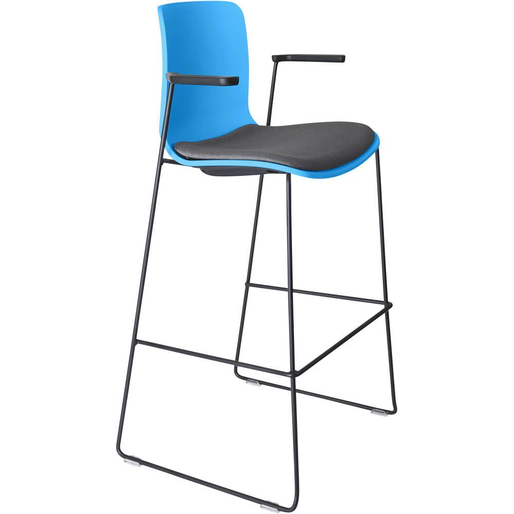 DAL ACTI BAR STOOL SLED BASE HIGH 760MM ARMS BLACK ARM-PADS AND BLACK POWDERCOAT FRAME OCEAN BLUE POLYPROP SHELL