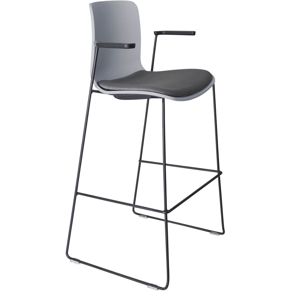 DAL ACTI BAR STOOL SLED BASE HIGH 760MM ARMS BLACK ARM-PADS AND BLACK POWDERCOAT FRAME LIGHT GREY POLYPROP SHELL