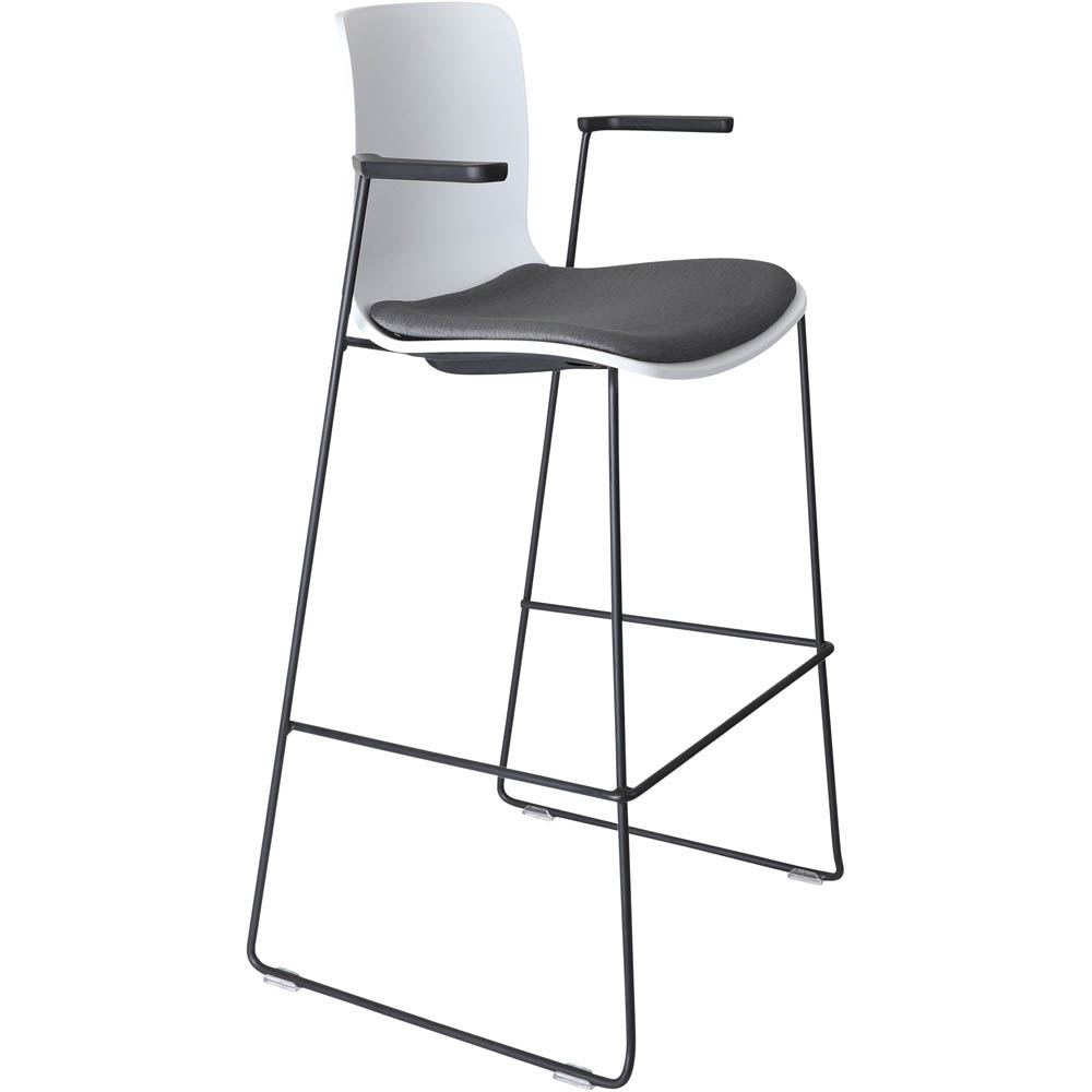 DAL ACTI BAR STOOL SLED BASE HIGH 760MM ARMS BLACK ARM-PADS AND BLACK POWDERCOAT FRAME WHITE POLYPROP SHELL