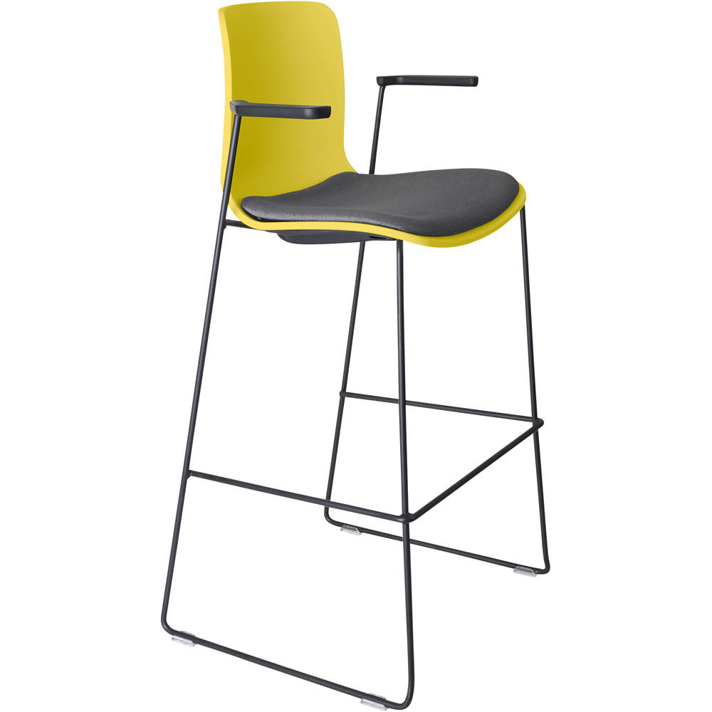 DAL ACTI BAR STOOL SLED BASE HIGH 760MM ARMS BLACK ARM-PADS AND BLACK POWDERCOAT FRAME YELLOW POLYPROP SHELL