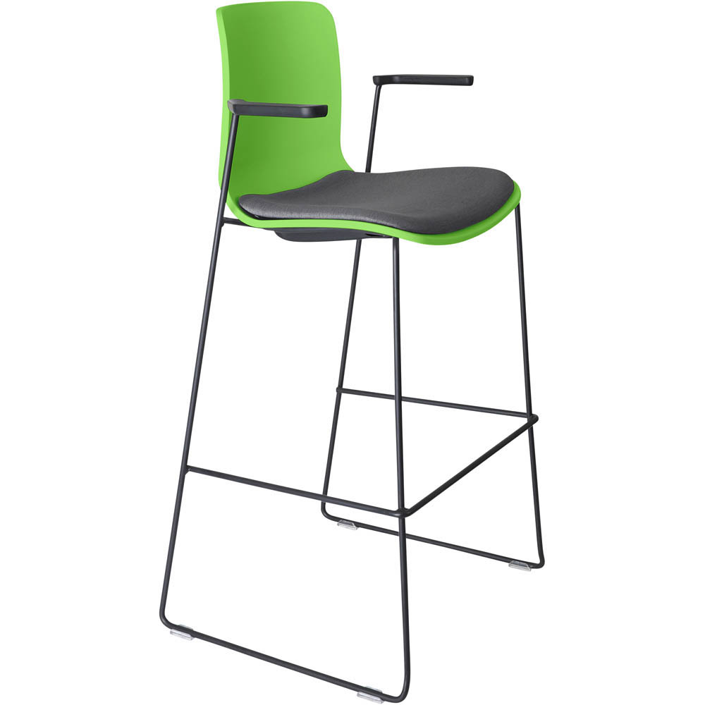 DAL ACTI BAR STOOL SLED BASE HIGH 760MM ARMS BLACK ARM-PADS AND BLACK POWDERCOAT FRAME GREEN POLYPROP SHELL