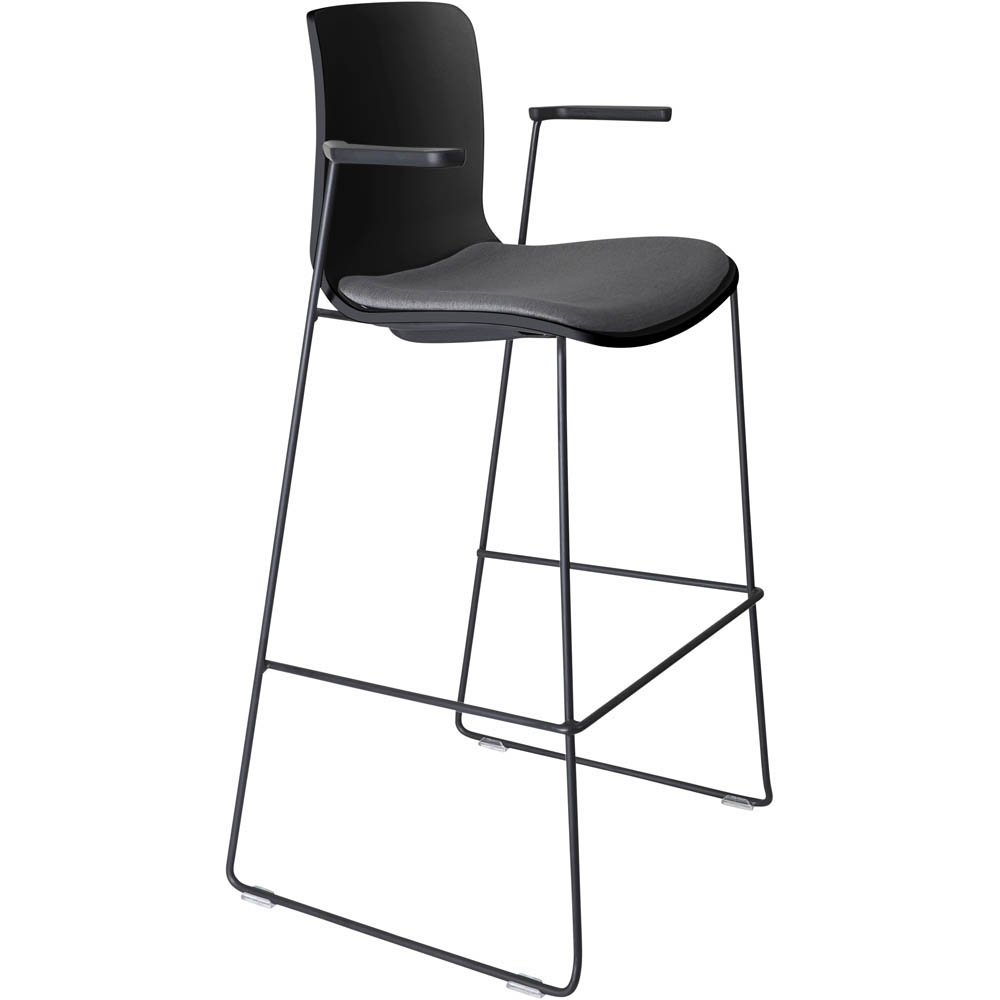 DAL ACTI BAR STOOL SLED BASE HIGH 760MM ARMS BLACK ARM-PADS AND BLACK POWDERCOAT FRAME BLACK POLYPROP SHELL