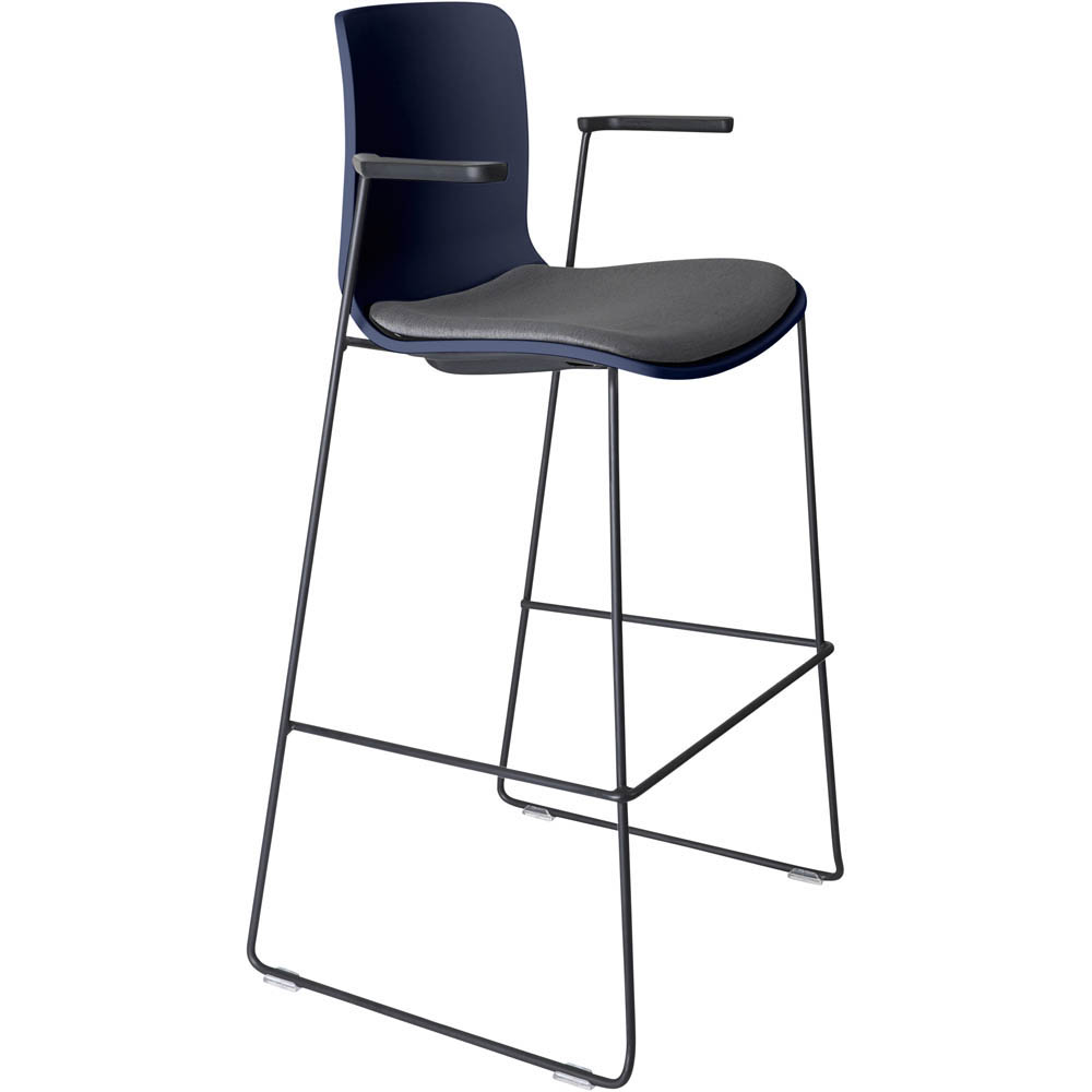 DAL ACTI BAR STOOL SLED BASE HIGH 760MM ARMS BLACK ARM-PADS AND BLACK POWDERCOAT FRAME NAVY BLUE POLYPROP SHELL