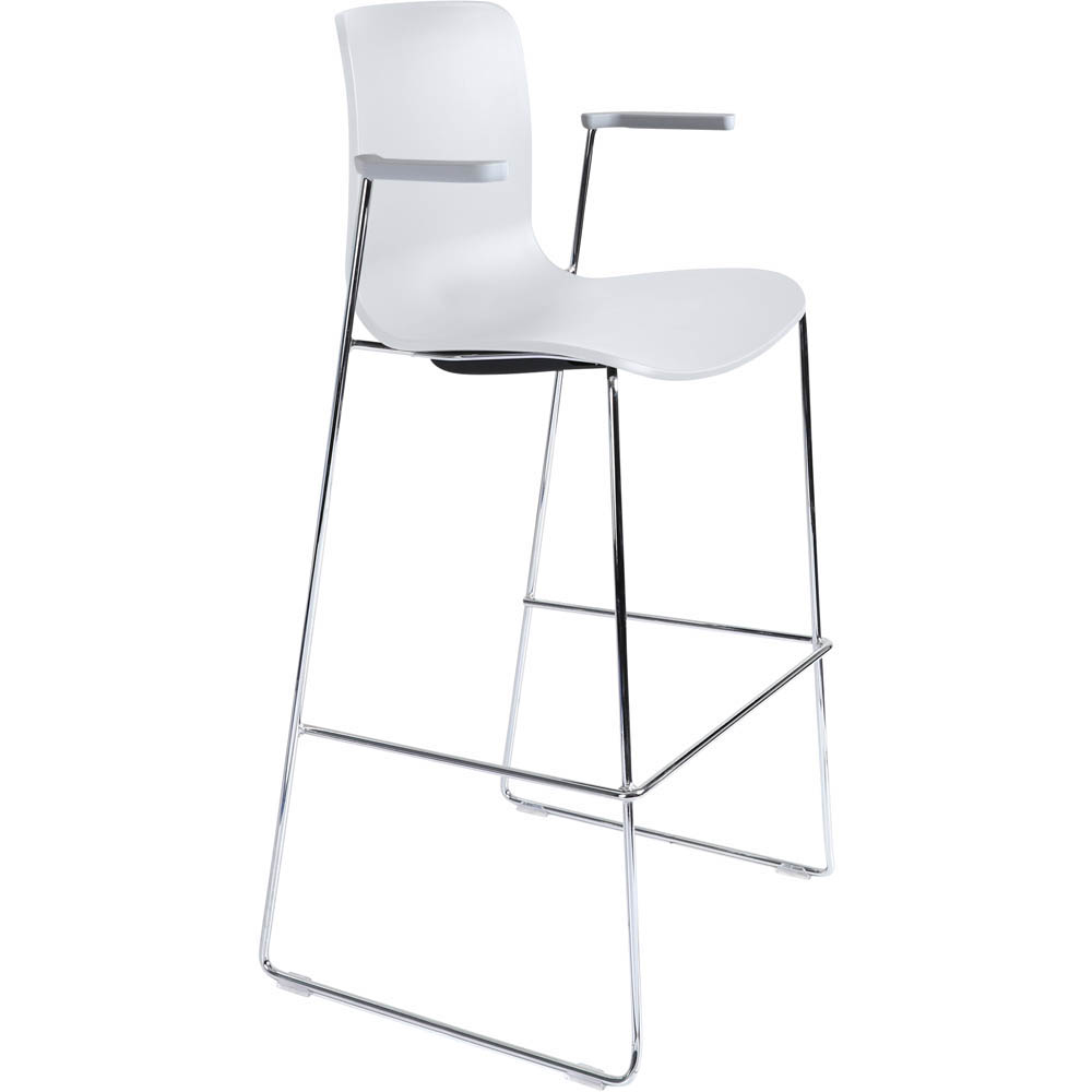 DAL ACTI BAR STOOL SLED BASE HIGH 760MM ARMS LIGHT GREY ARM-PADS AND CHROME FRAME WHITE POLYPROP SHELL